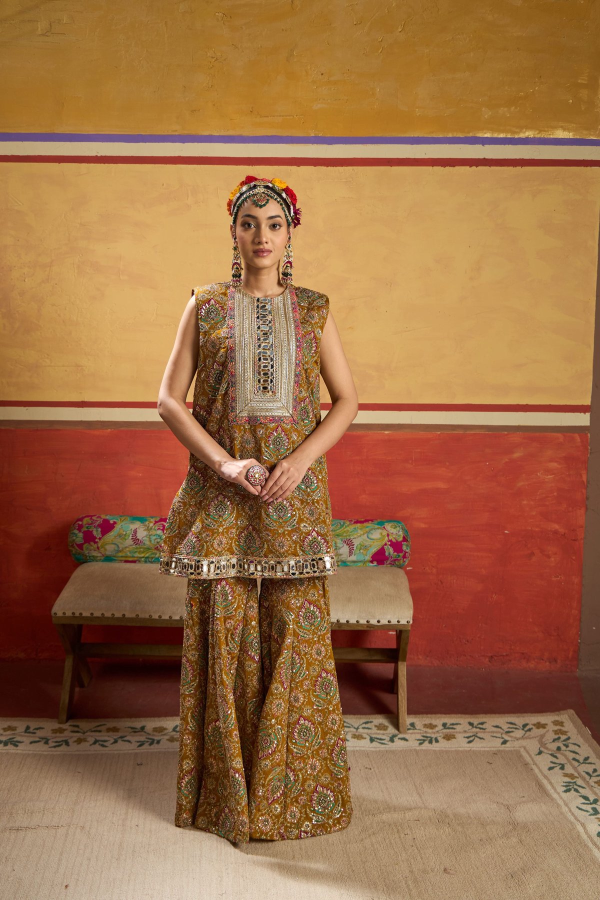 Yellow Paisley Embroidered Kurta and Sharara Co-ord Set