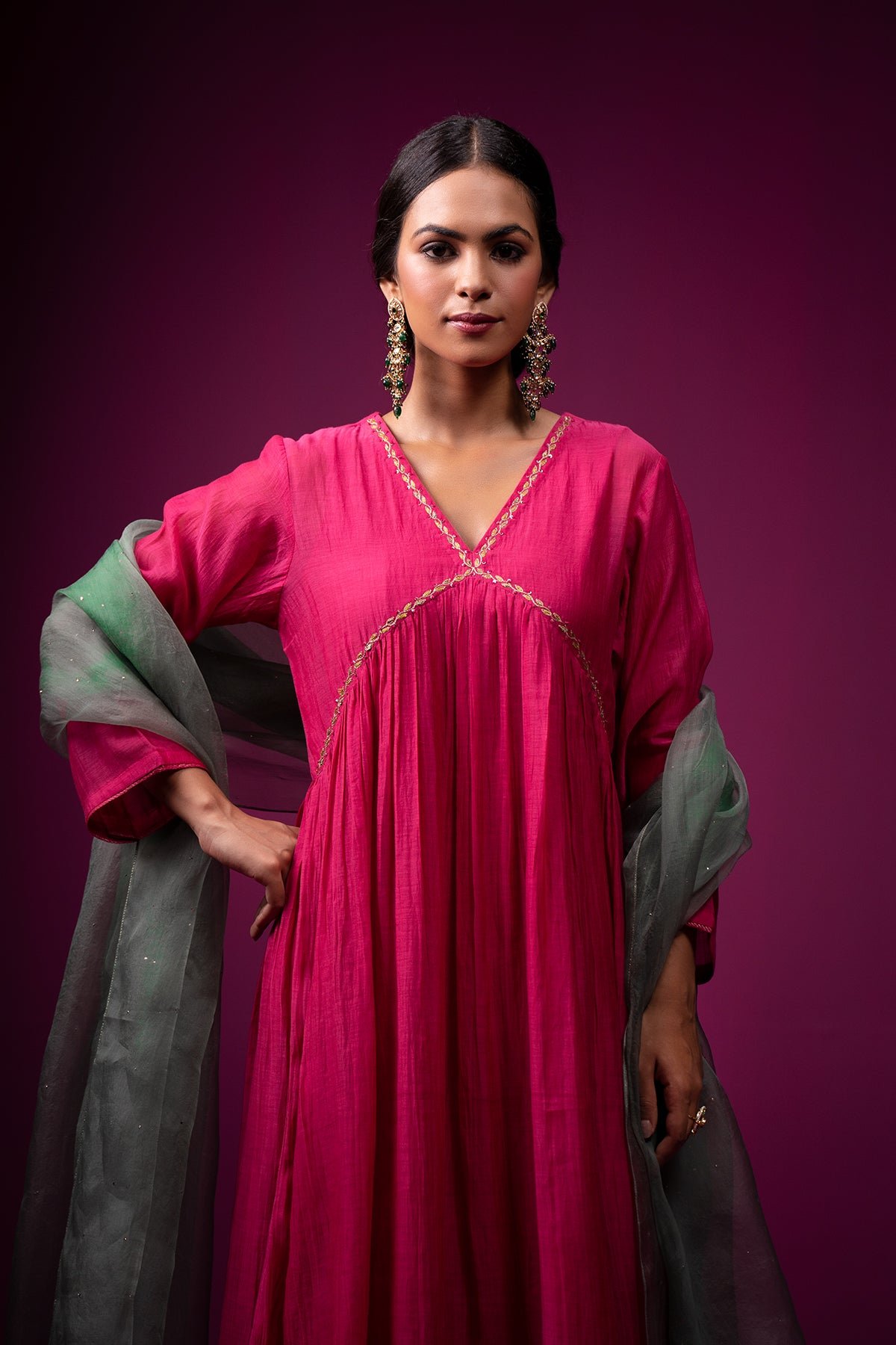 Rani Pink Silk Chanderi Anarkali Kurta Set with Pants