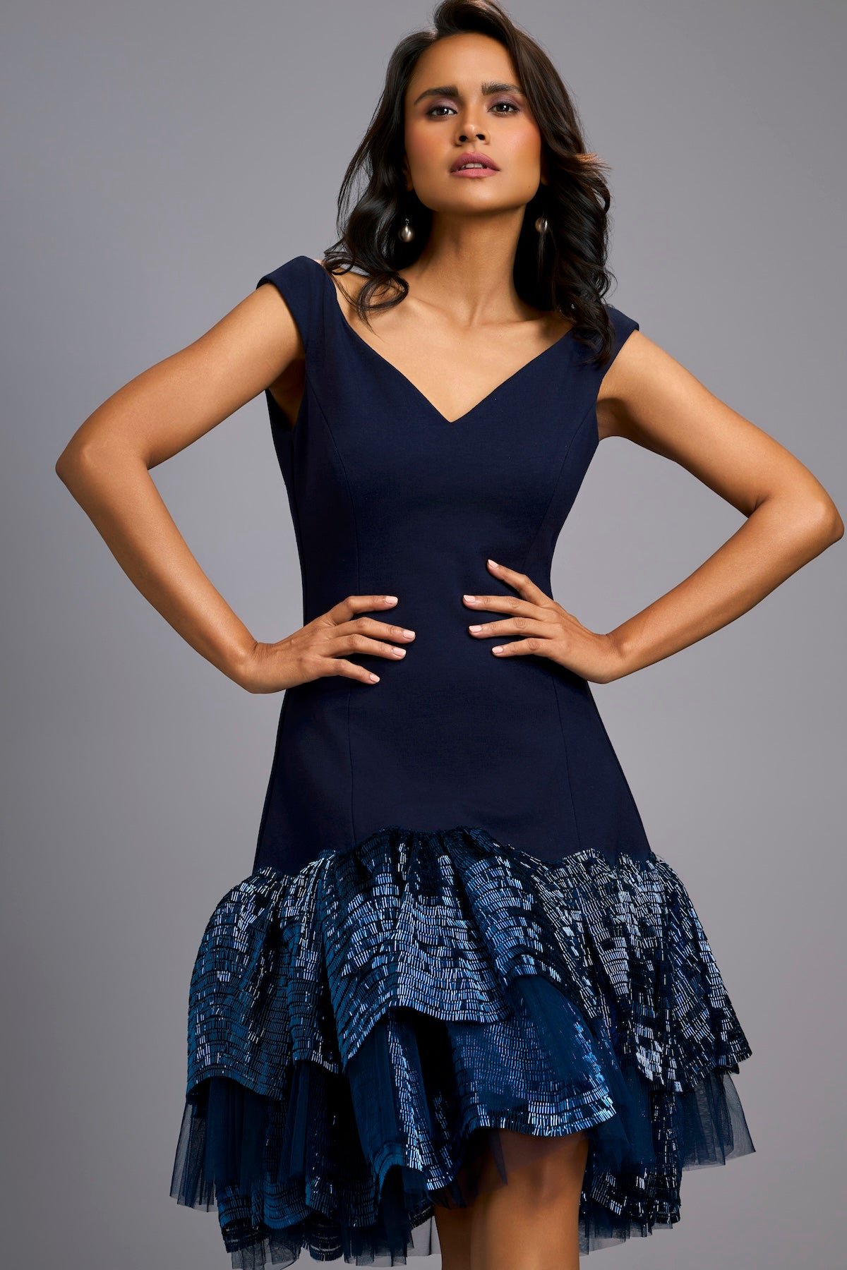 Navy Off-Shoulder Fit and Flare Dress with Shimmer Hem