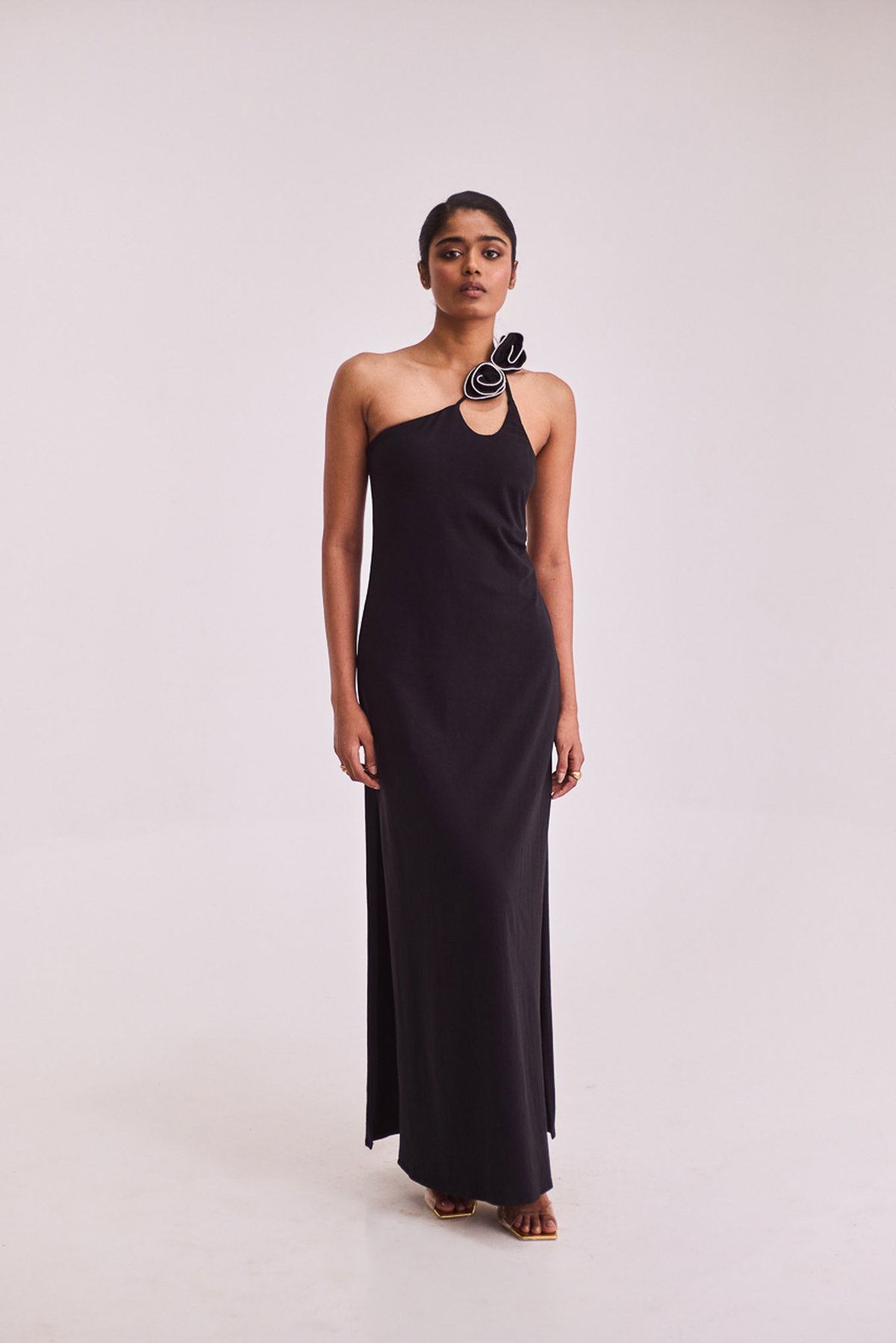 Black One-Shoulder Maxi Dress with Rosette Detail