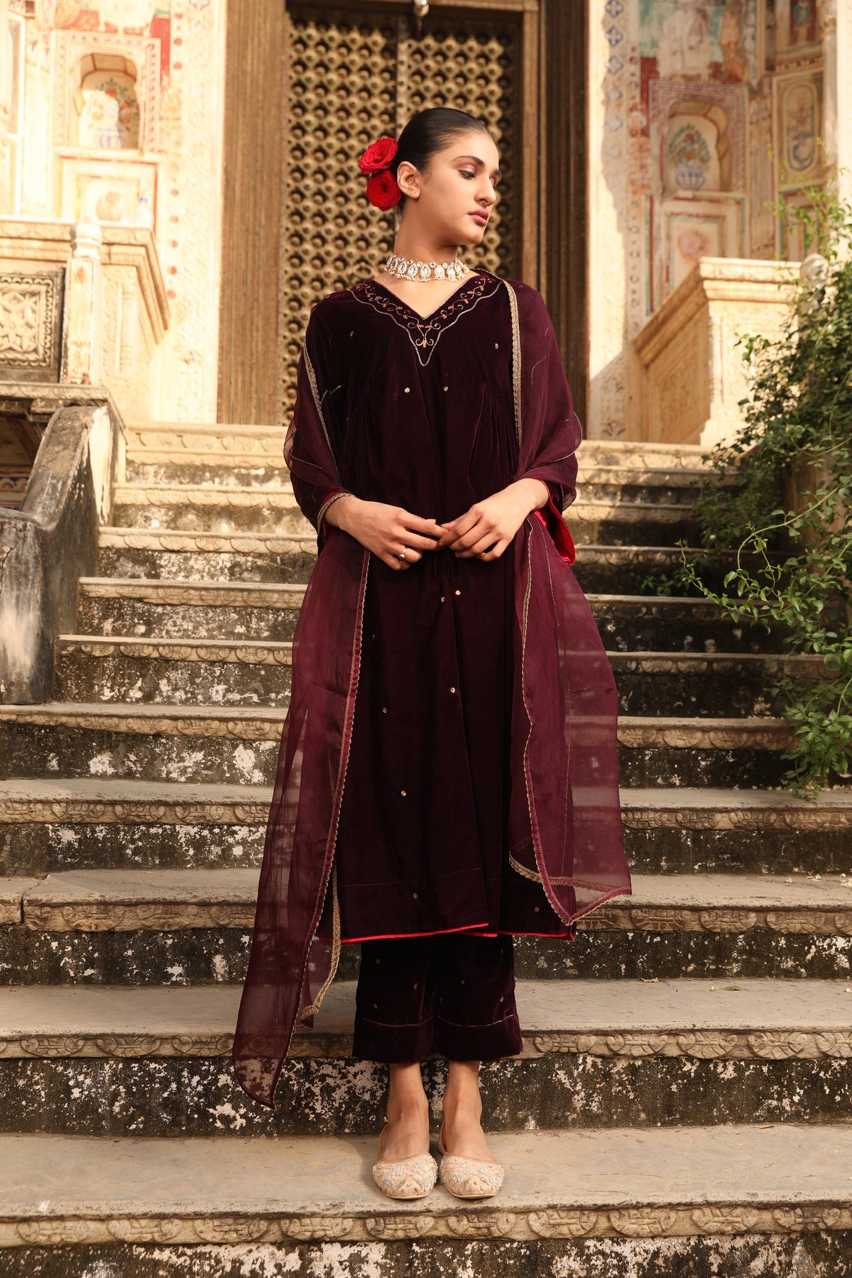 Burgundy Velvet Hand-Embroidered Kurta Set with Pants
