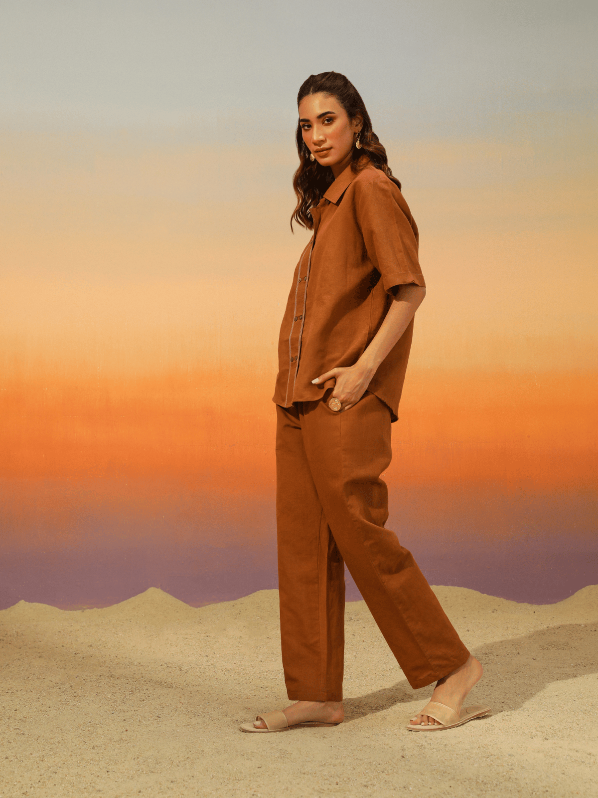 Cocoa Linen Blend Boxy Shirt and Pants Co-ord Set