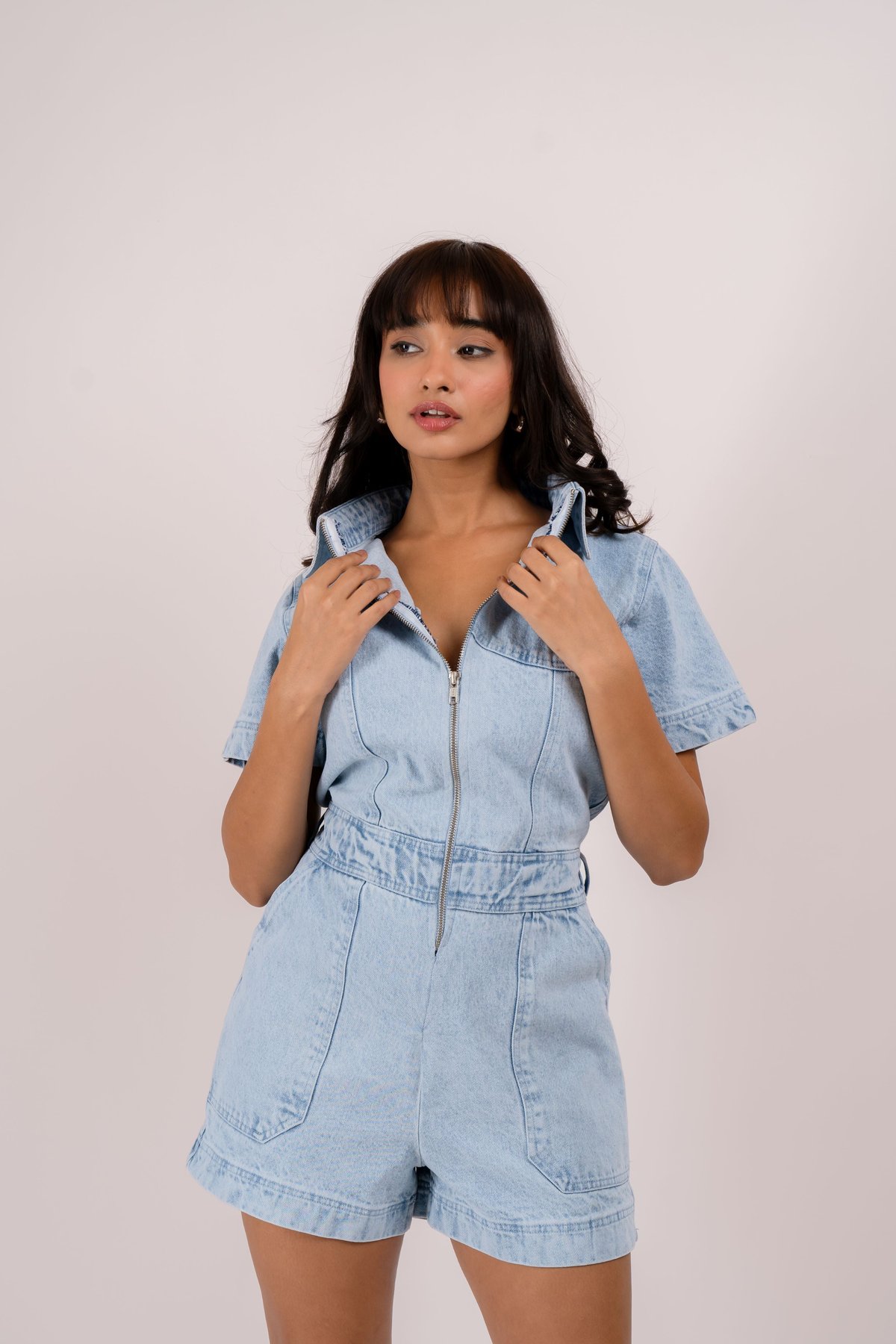 Light Blue Denim Zip-Front Playsuit Romper