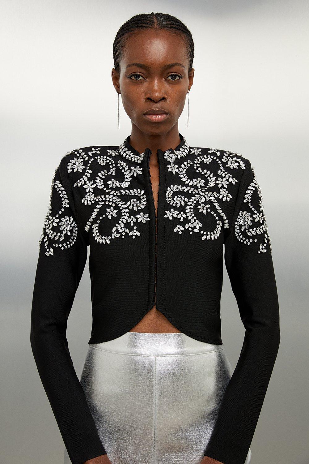 Black Cropped Crystal-Embellished Zip Jacket