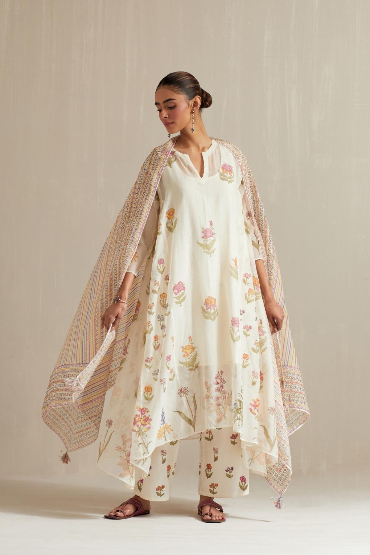 Off White Asymmetric Hem, Paneled Kurta Set