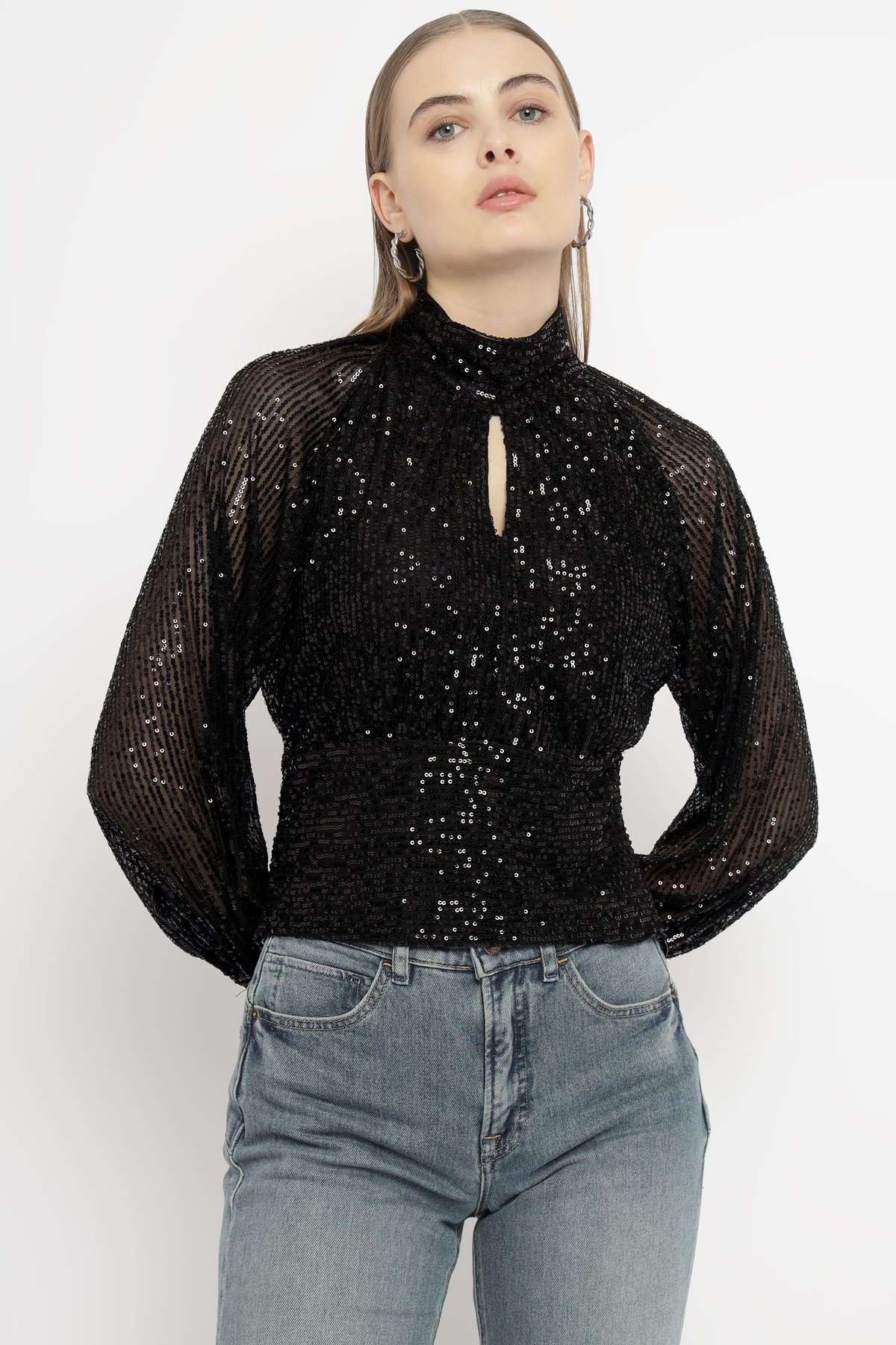 Black Sequin Mesh High-Neck Keyhole Sweater