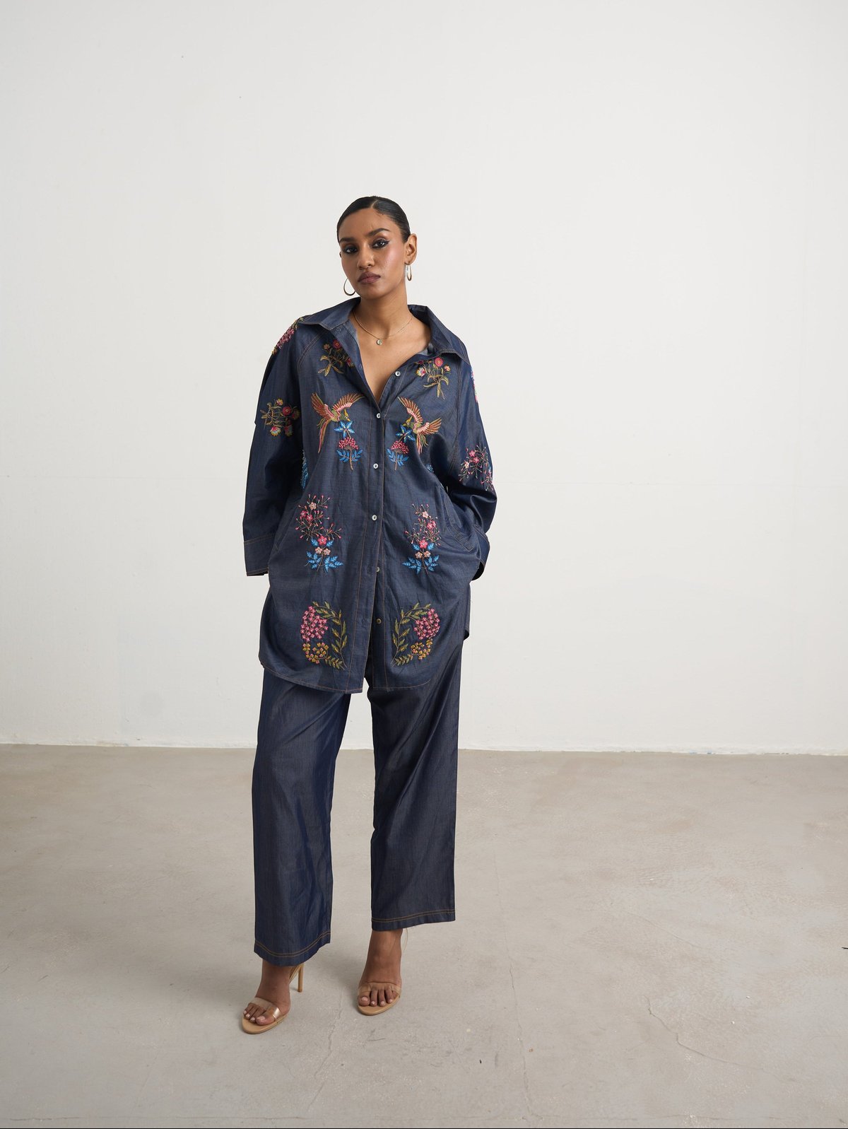 Blue Denim Embroidered Shirt and Wide-Leg Pants Co-ord Set