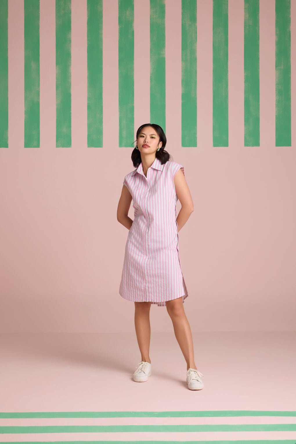 Pink Striped A-Line Midi Shirt Dress with Front Zip