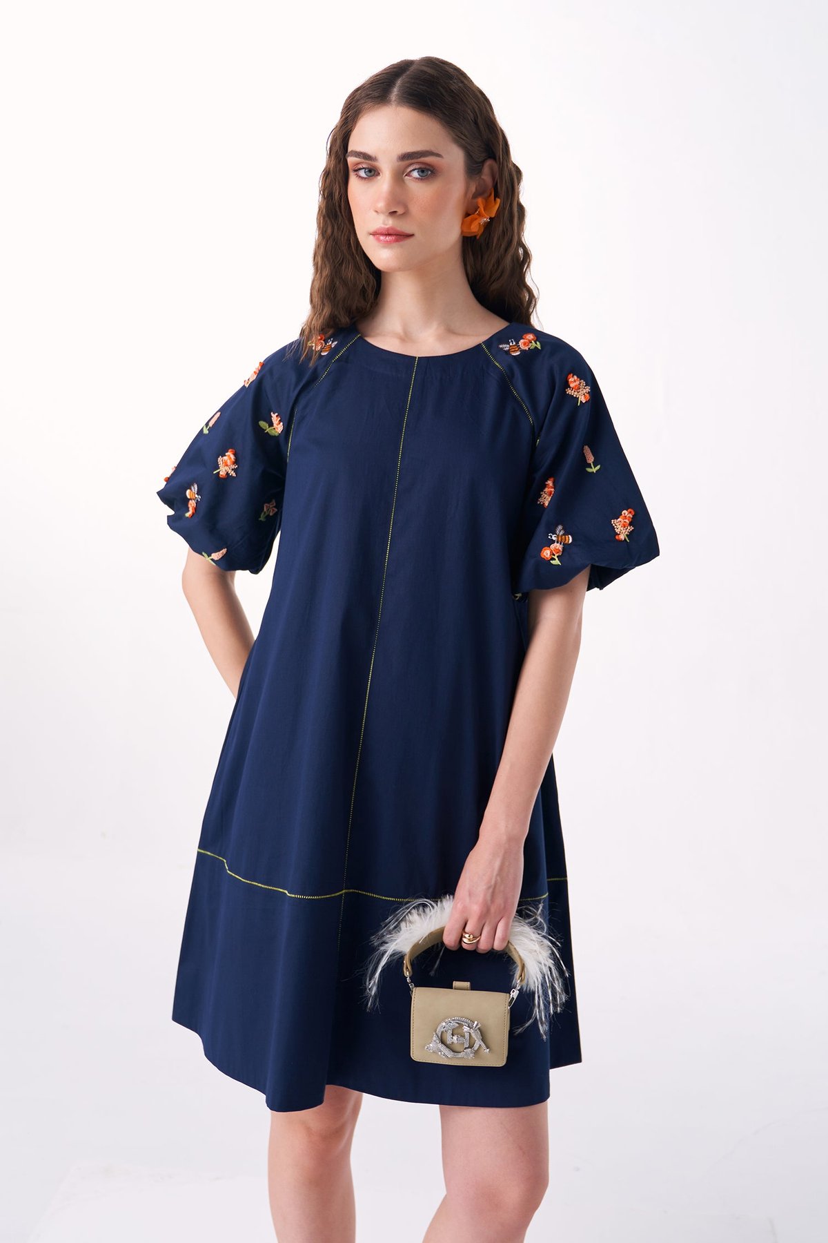 Navy Cotton Satin Mini A-Line Dress with Embroidered Sleeves