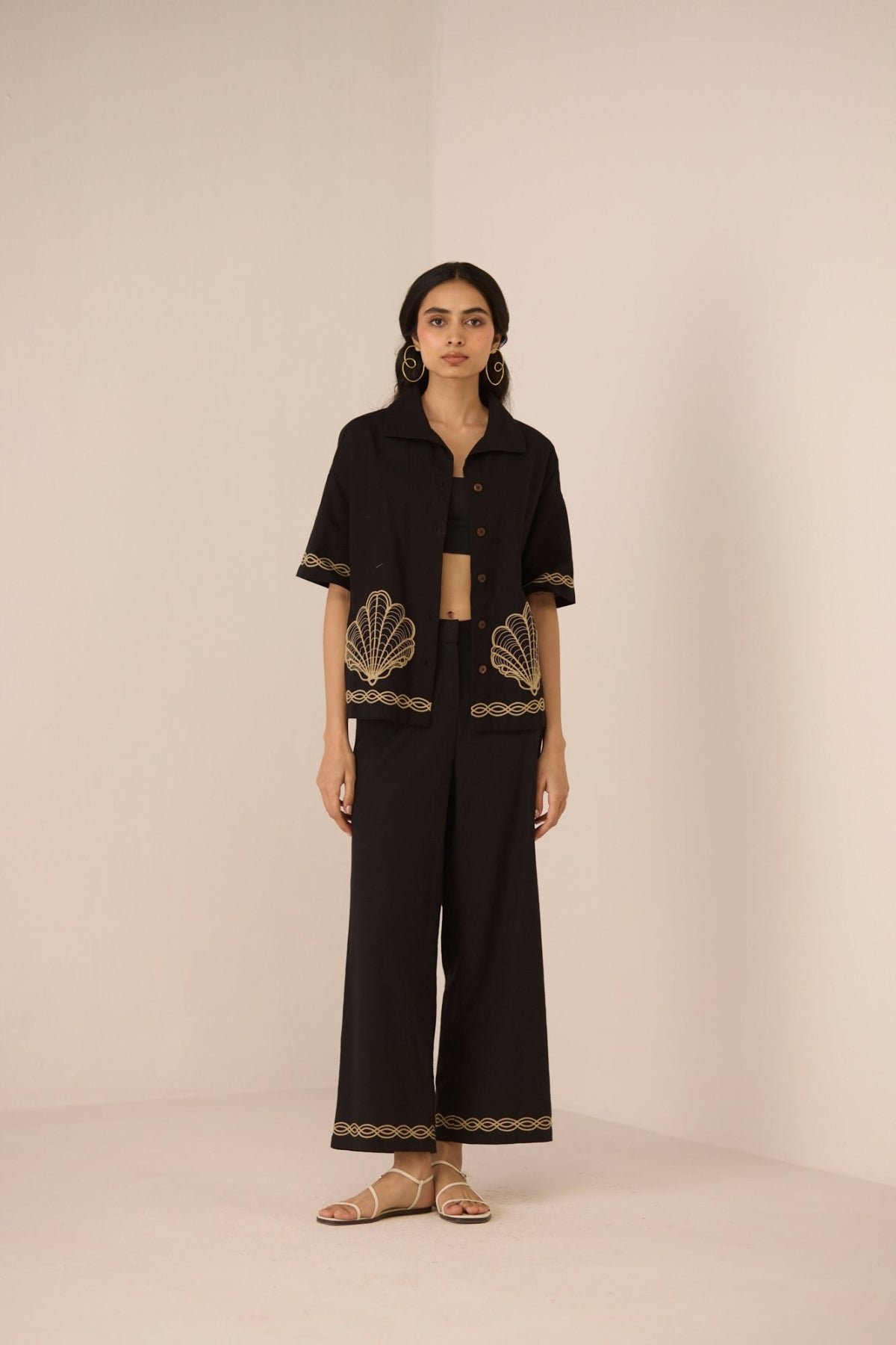 Black Cotton Linen Wide-Leg Trousers with Hem Embroidery