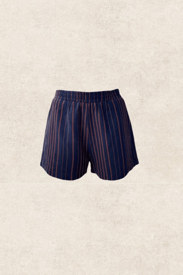 Navy Striped High-Waist Cotton Shorts with Pockets