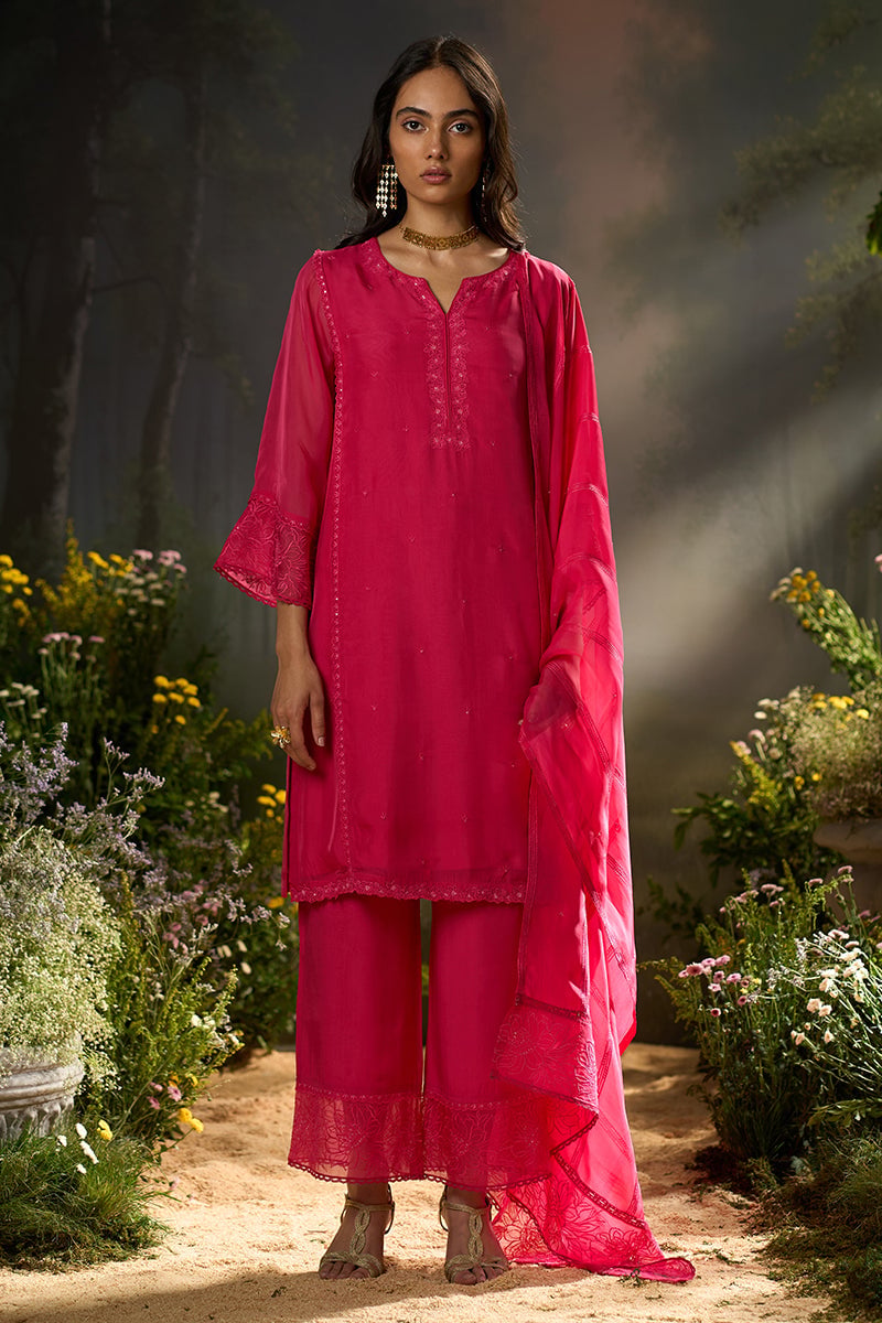 Azalea Pink Embroidered Organza Silk Kurta Set with Dupatta