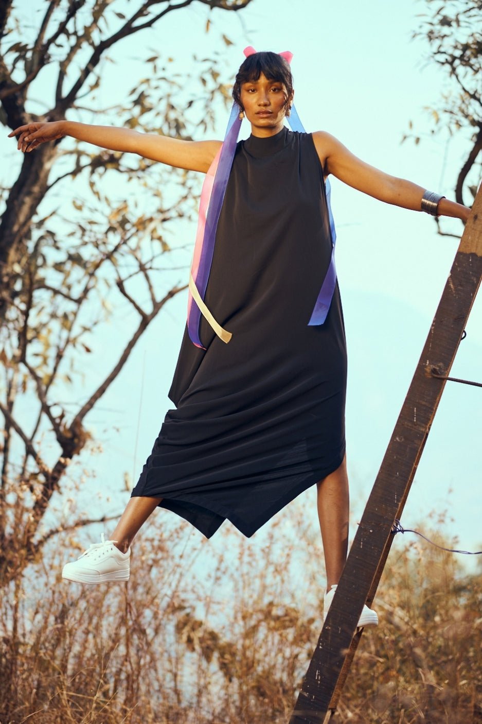 Black Asymmetrical Draped High-Neck Maxi Dress