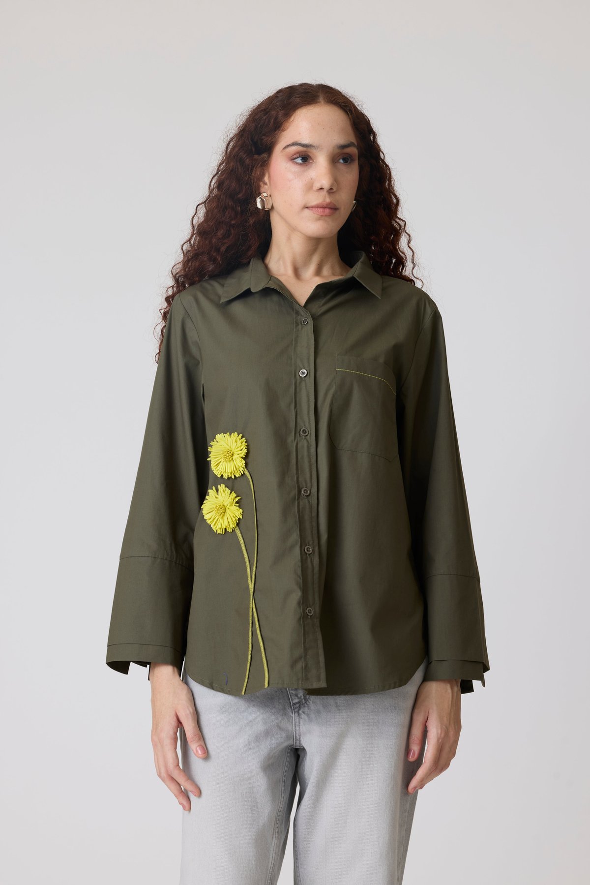 Military Green 3D Floral Applique Cotton Poplin Shirt