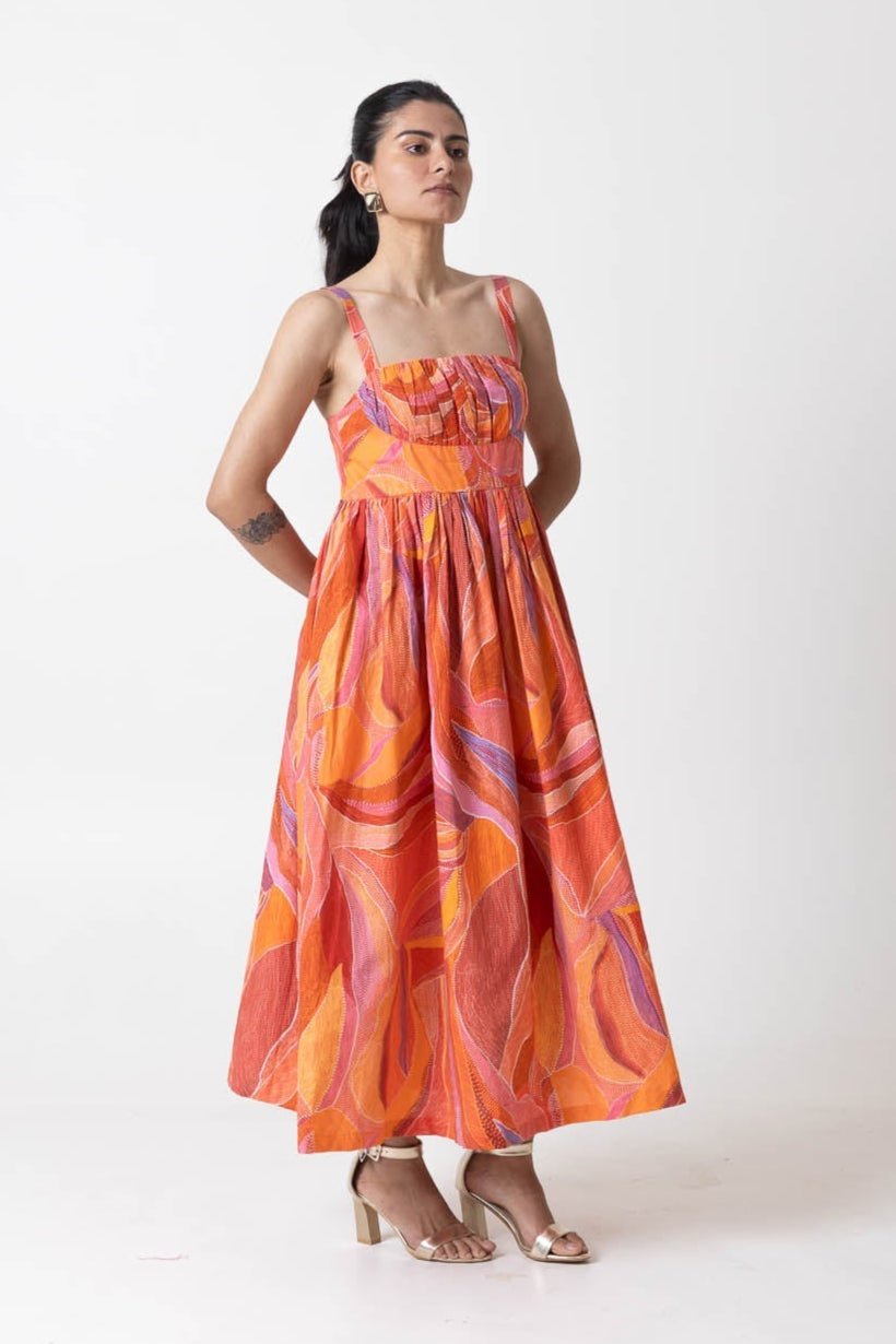 Orange/Multicolor Abstract Print Fit and Flare Midi Dress