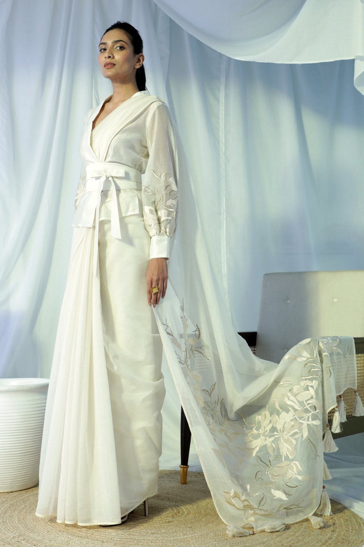 Vanilla Resort Saree Set with Tonal Floral Embroidery