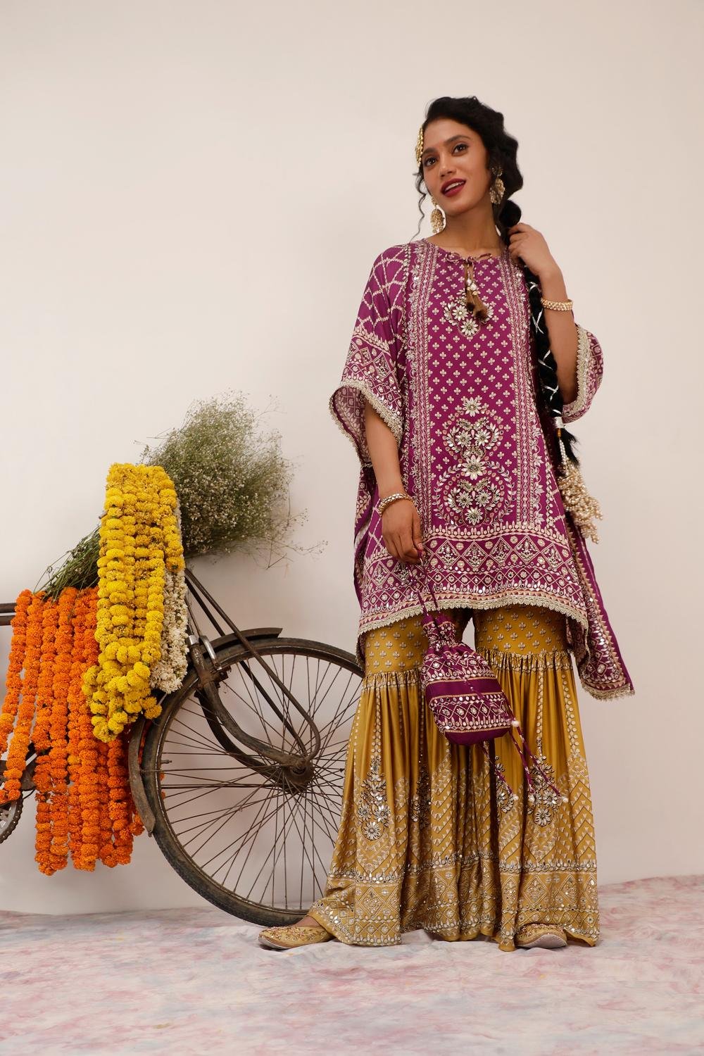 Purple Kaftan and Mustard Gharara Co-ord Set