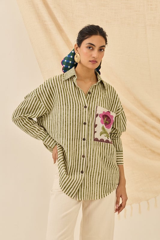Olive and White Striped Cotton Button-Down Shirt