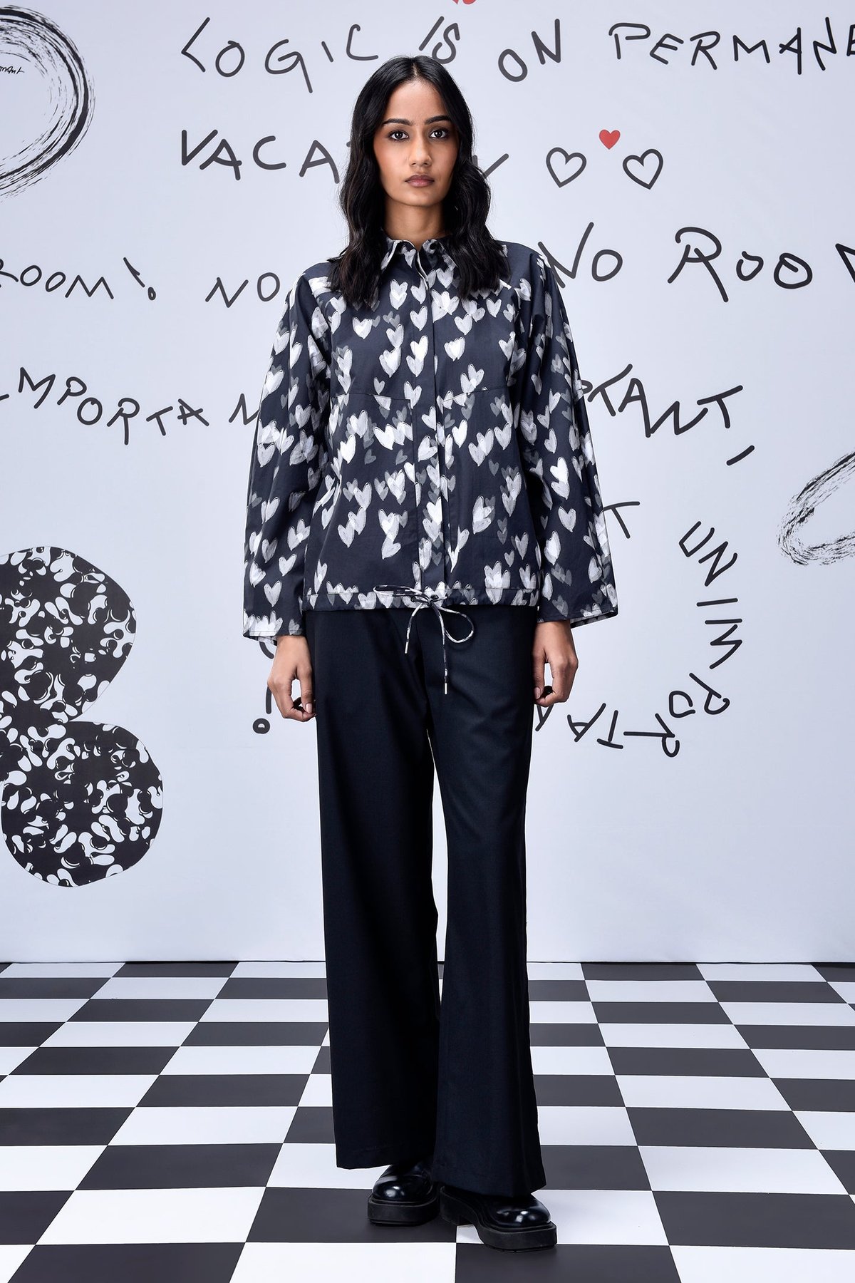 Black Oversized Heart Print Shirt with Drawstring Hem