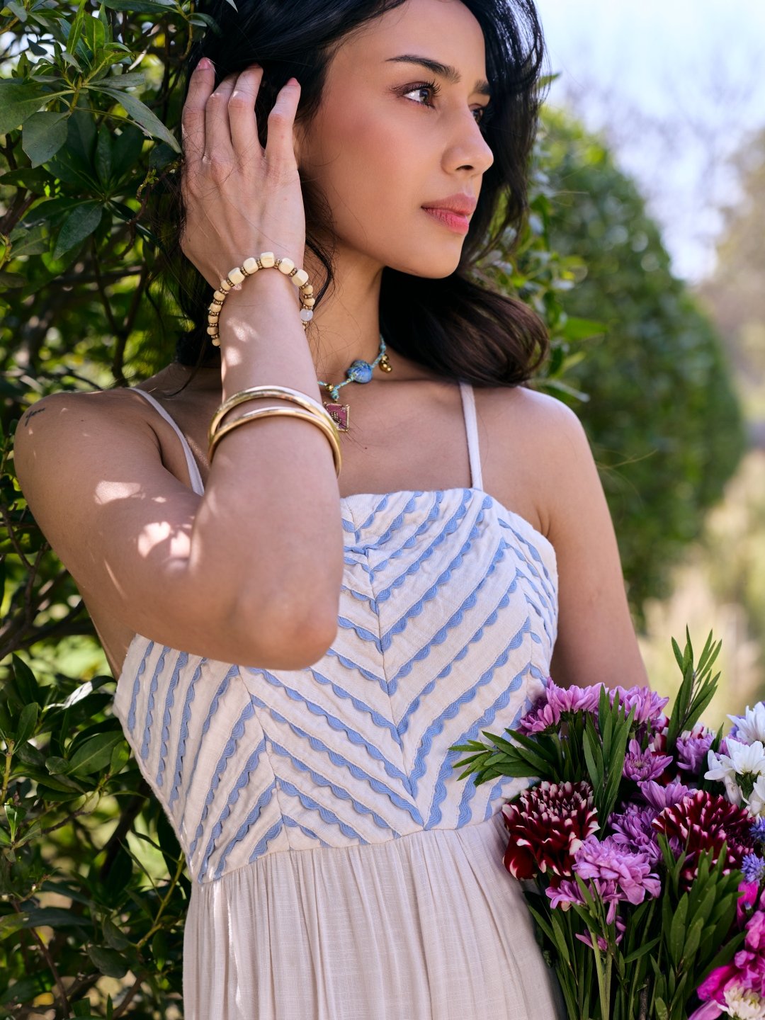 White and Blue Tiered Maxi Dress with Square Neck