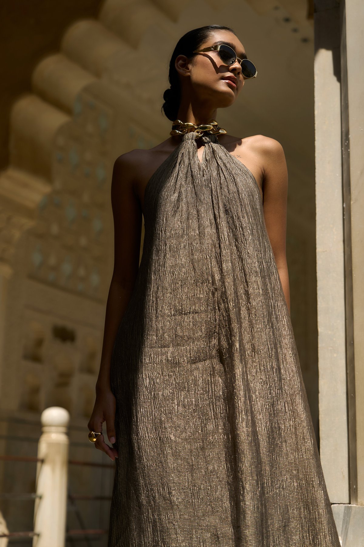Metallic Tissue Halter Neck Maxi Dress