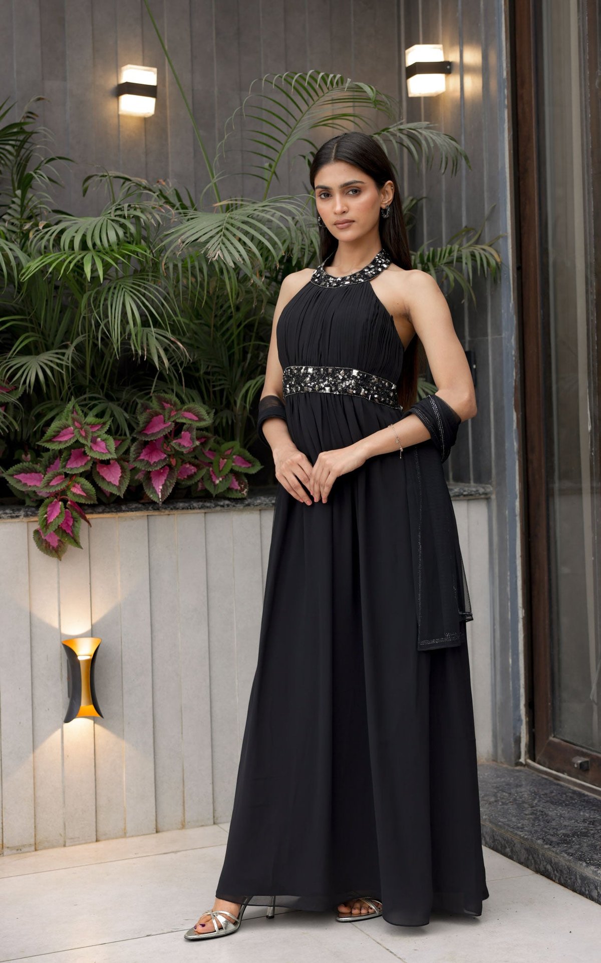 Black Halter Neck Embellished Maxi Gown