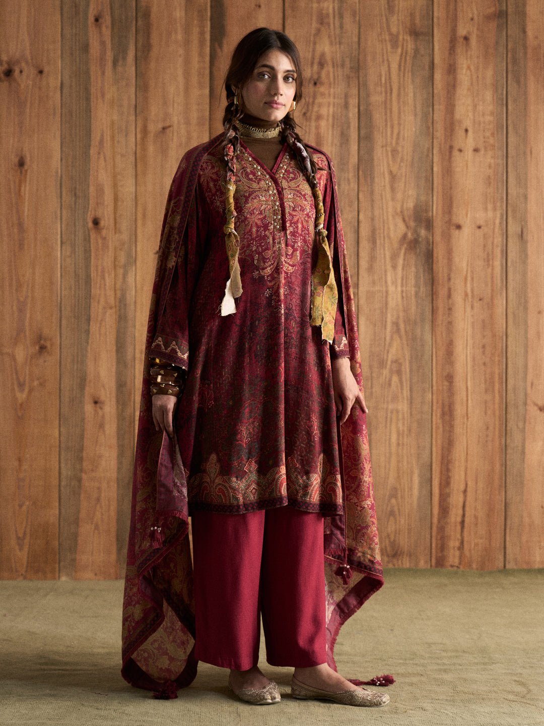 Maroon Printed Flared Kurta Set with Dupatta