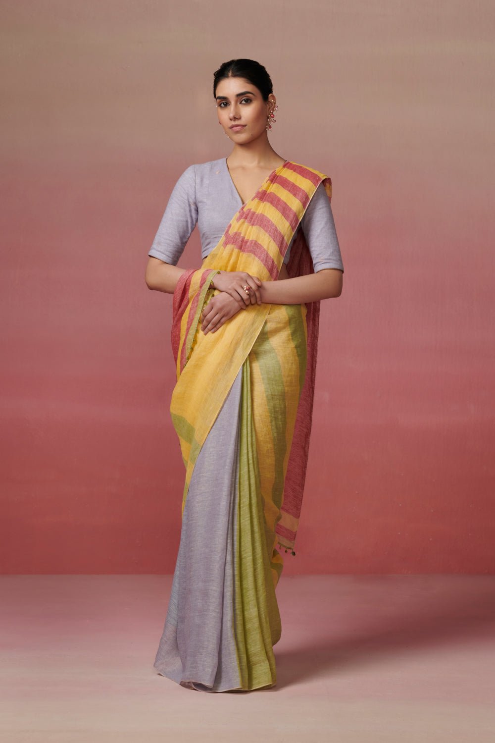 Yellow Multicolour Linen Saree with Striped Palla