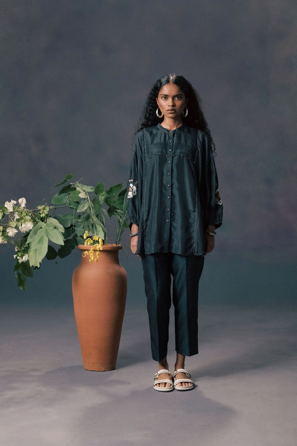 Indigo Shirt & Straight Pants In Slik Chanderi