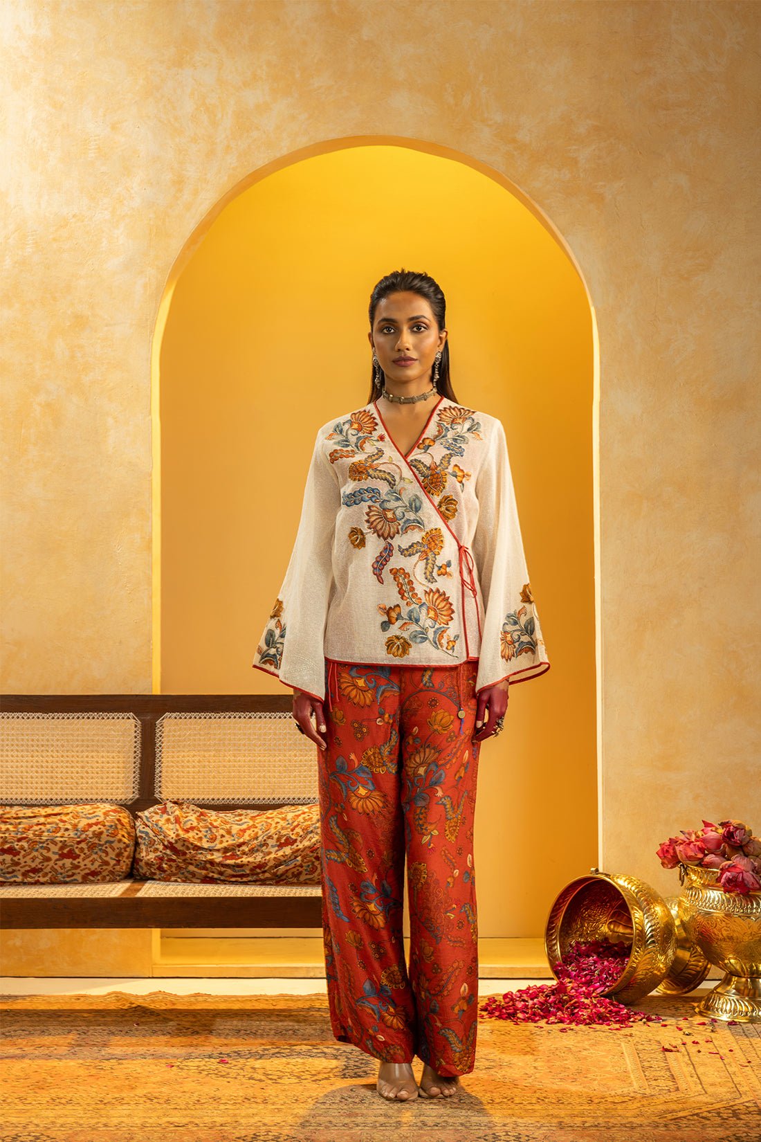 Off-White Angrakha Appliqué Kurta Set with Maroon Pants