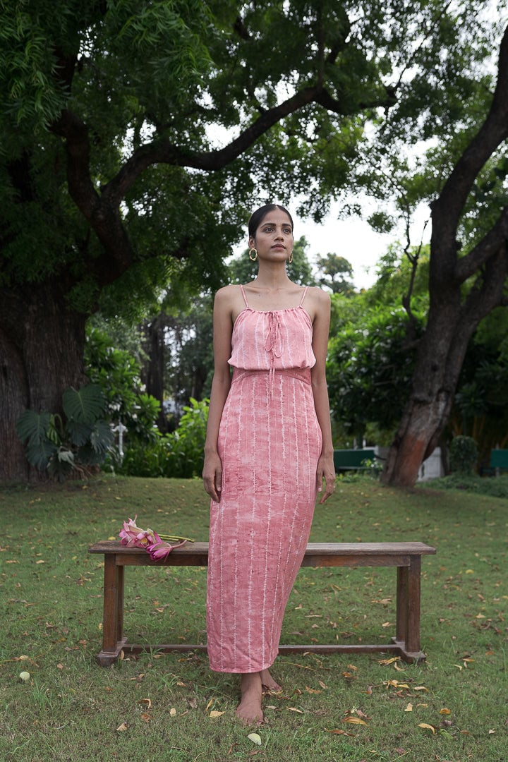 Pink Tie-Dye Tie-Up Neck Maxi Dress with Side Slit