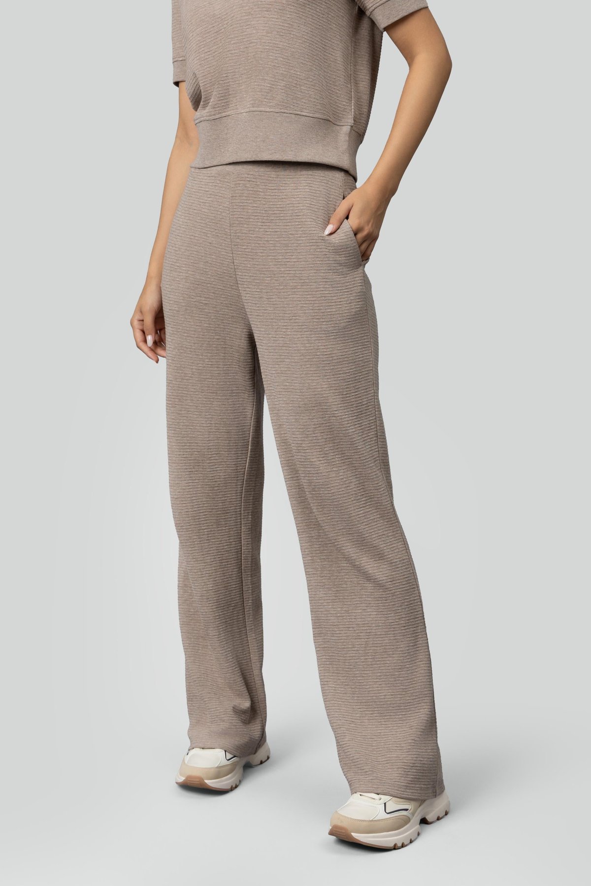 Beige Ottoman Rib Flared Lounge Pants