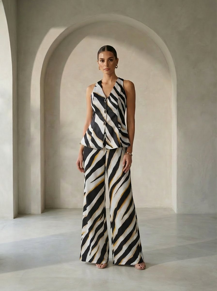 Black/White Abstract Printed High-Waist Wide-Leg Trousers