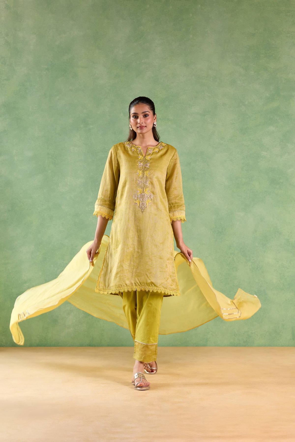 Moss Yellow Kurta, Pants and Dupatta - Set of 3