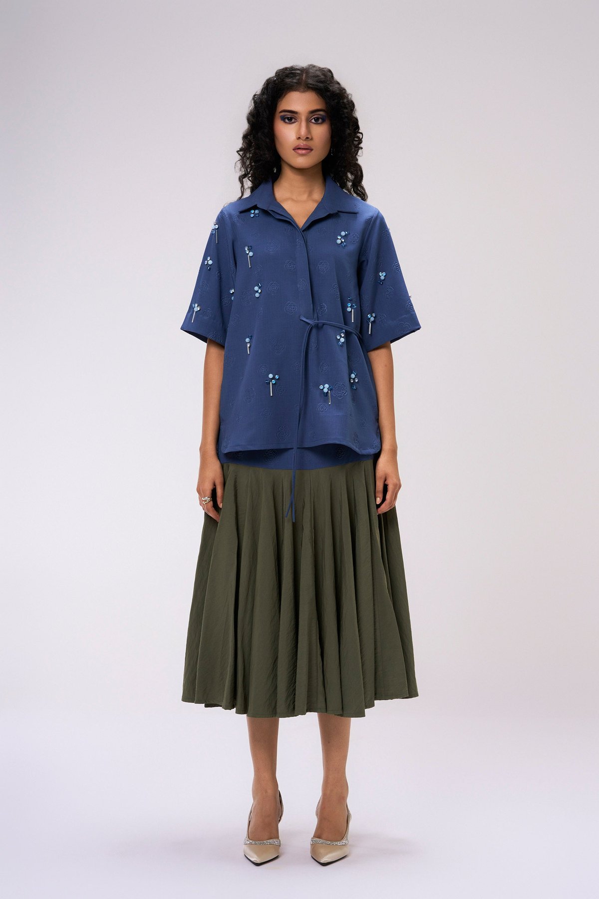 Blue Embellished Shirt and Midi Skirt Co-ord Set
