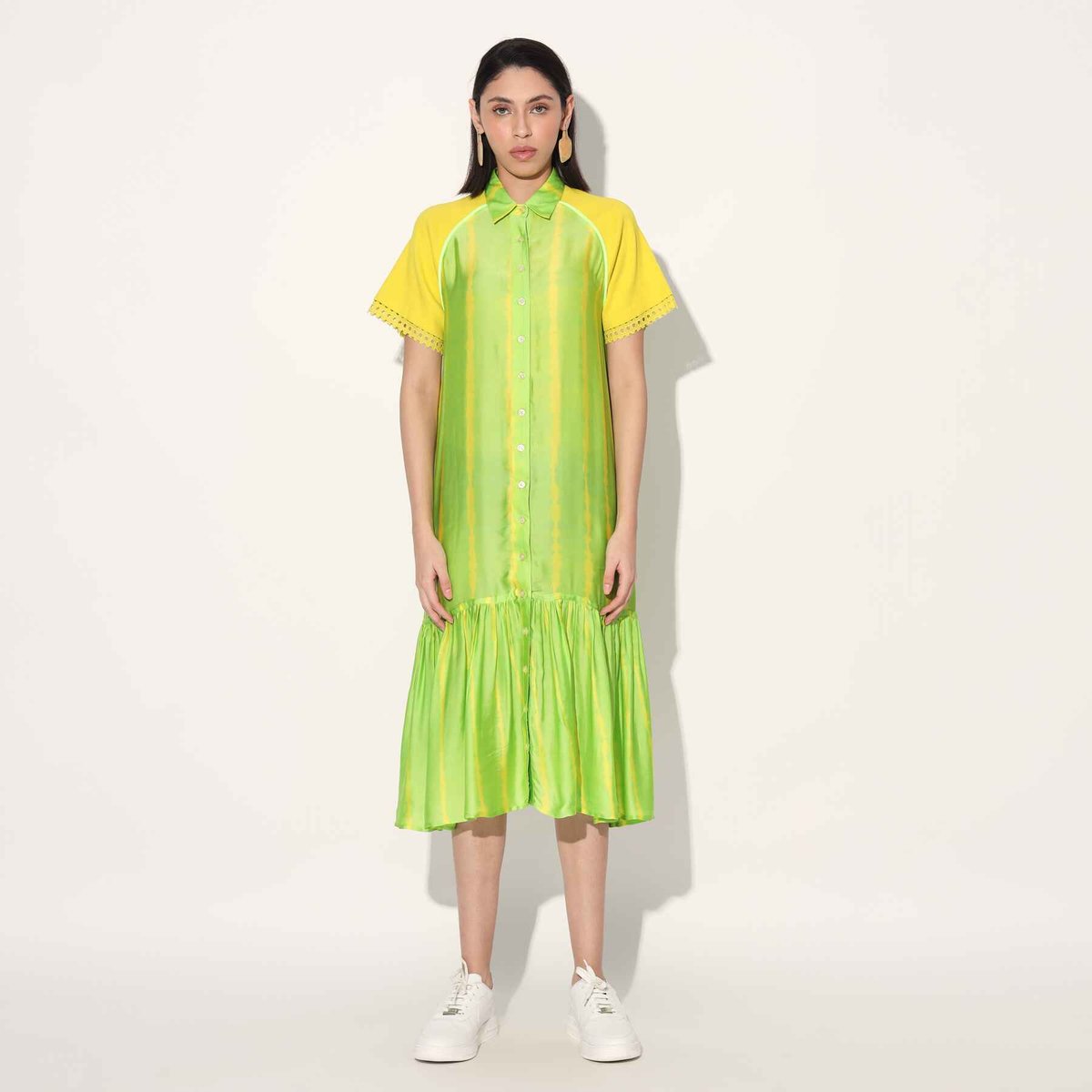 Pink/White Shibori Stripe Satin Midi Shirt Dress