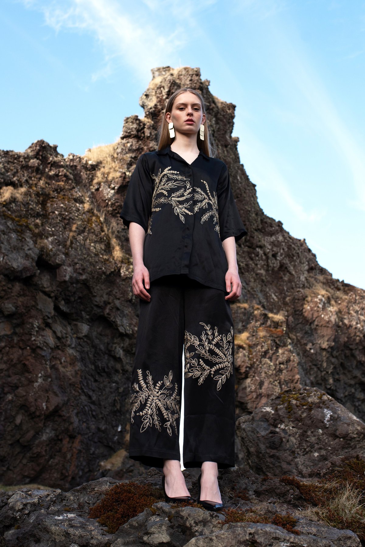 Black Wide-Leg Trousers with Placement Embroidery