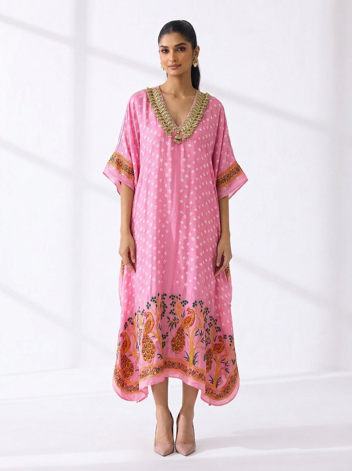 Bandhani Embellished Pink Kaftan