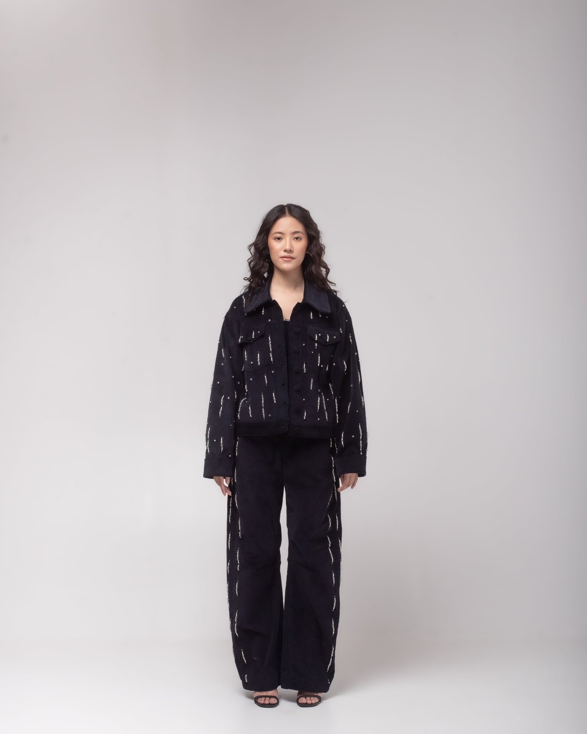 Dark Navy Crystal-Embellished Corduroy Jacket