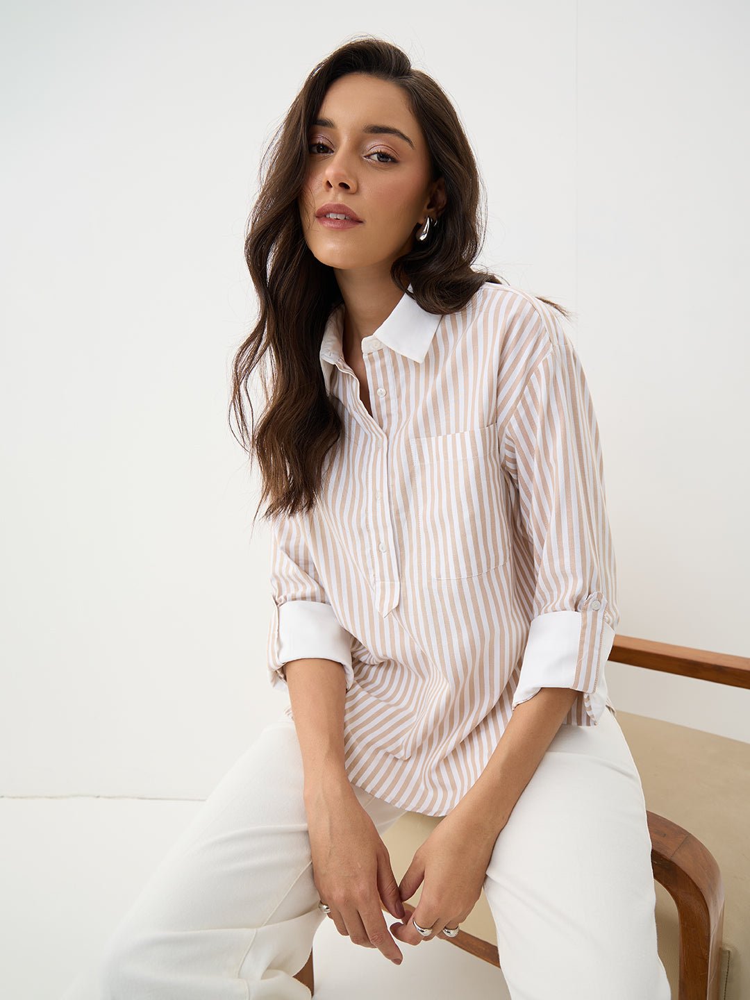 Beige Stripe Colorblock Tunic