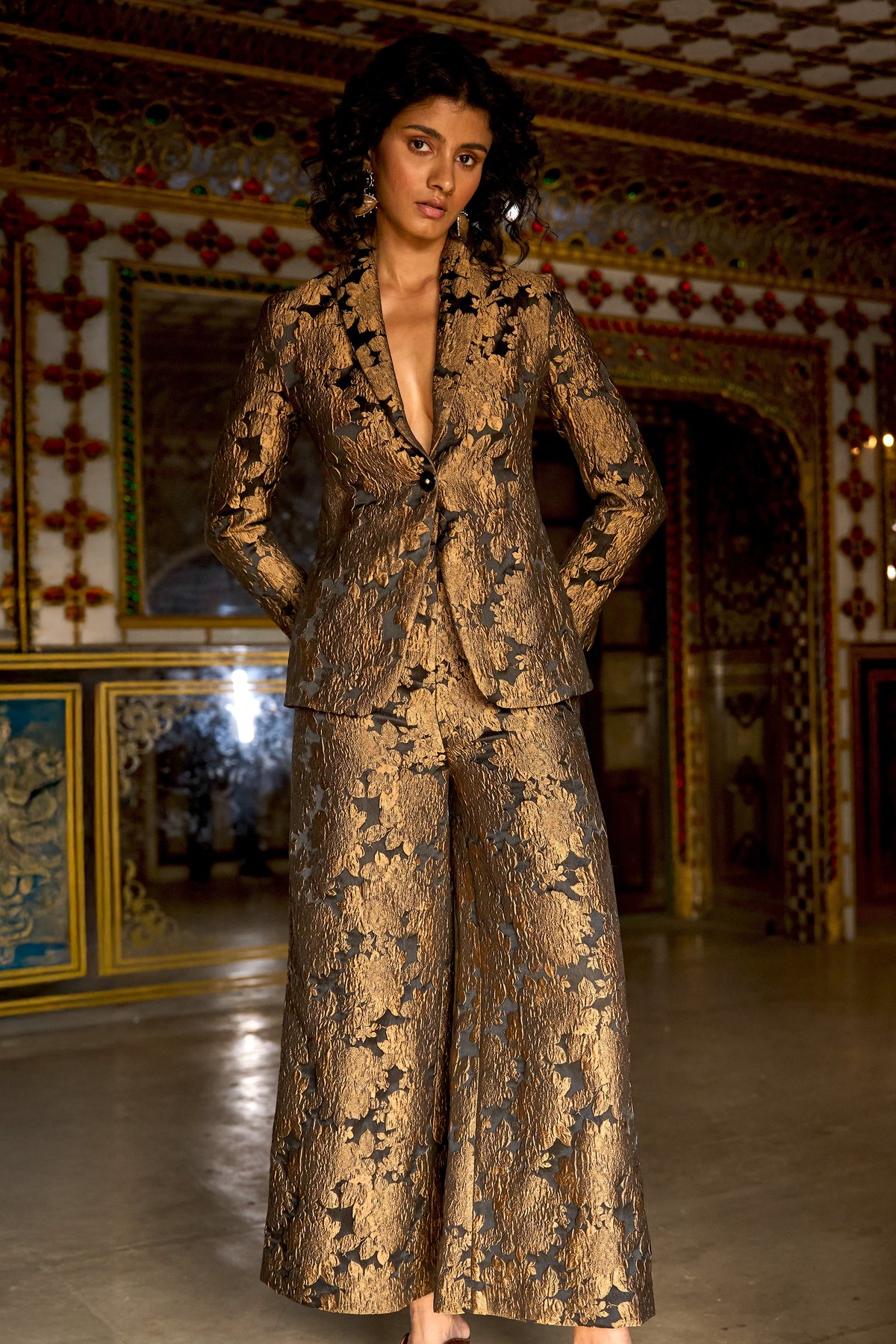 Gold/Black Floral Brocade High-Waist Wide-Leg Trousers