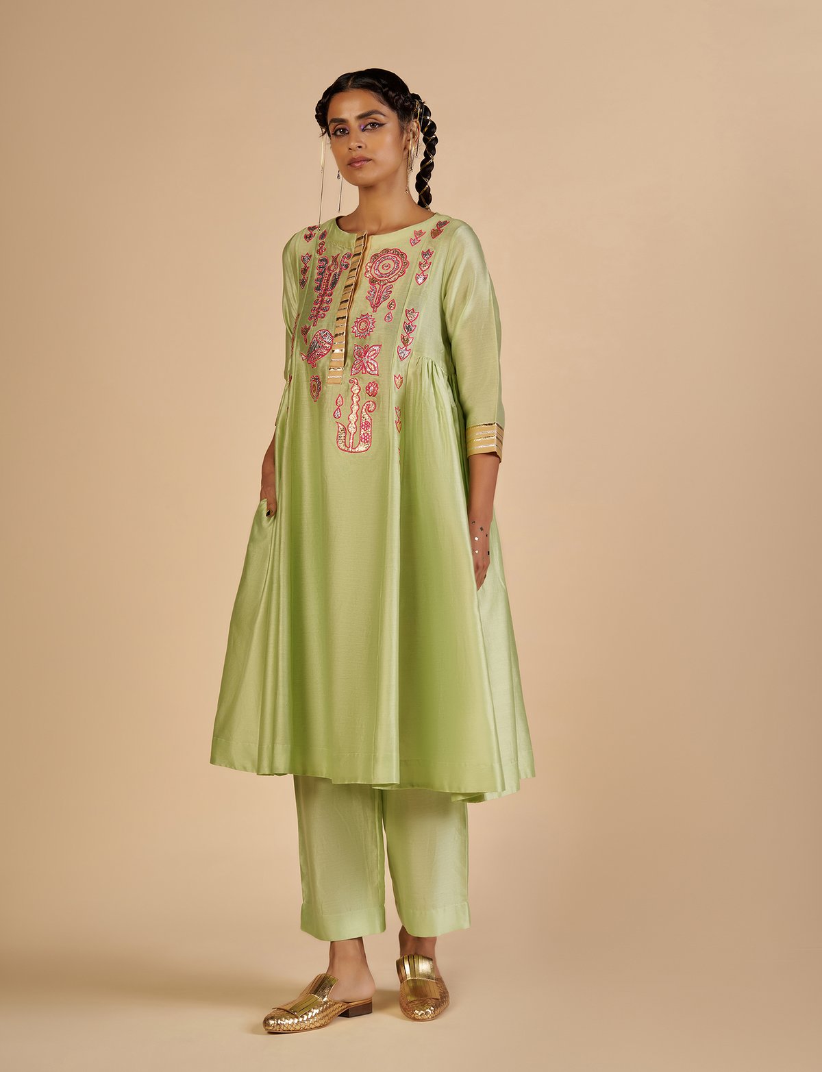 Pista Green Gota Applique Flared Kali Kurta