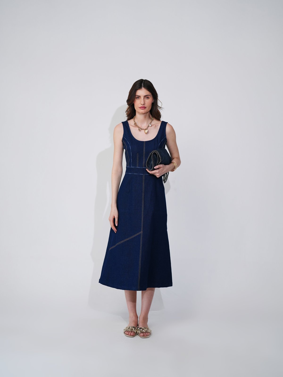 Blue Denim A-Line Midi Dress with Contrast Topstitching
