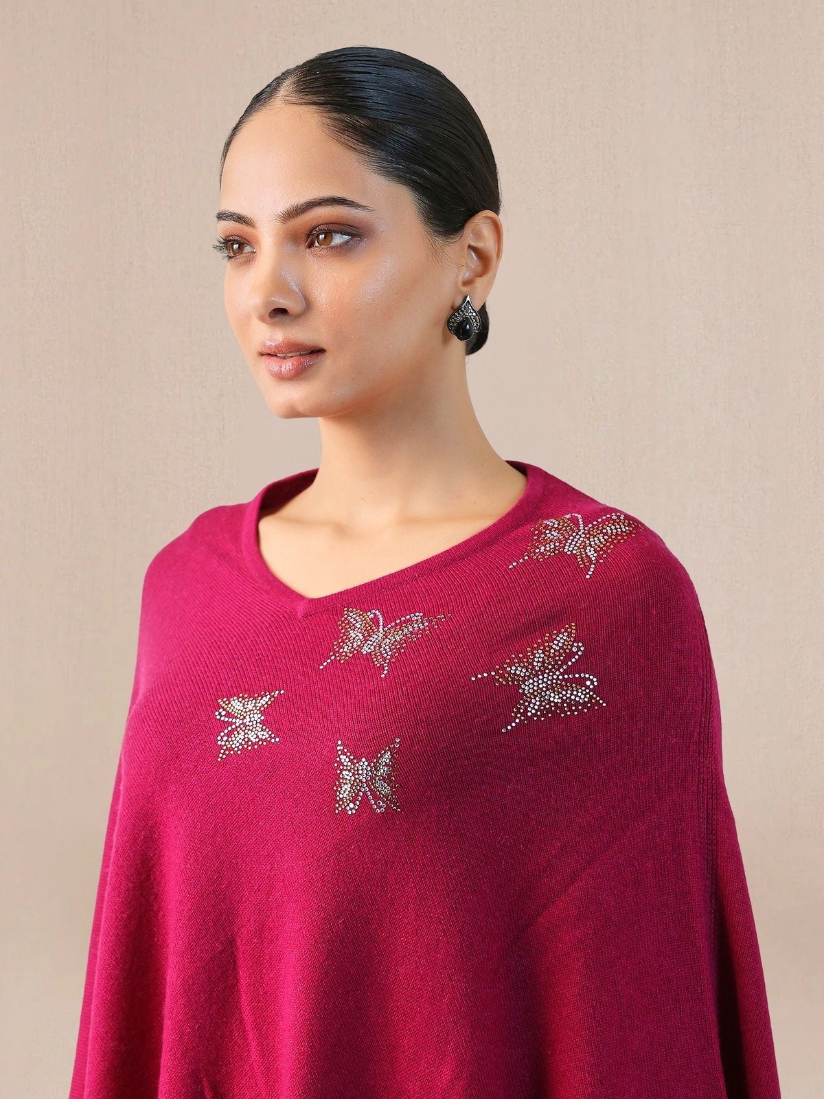 Pink Wool Cape Poncho with Scattered Embellishment