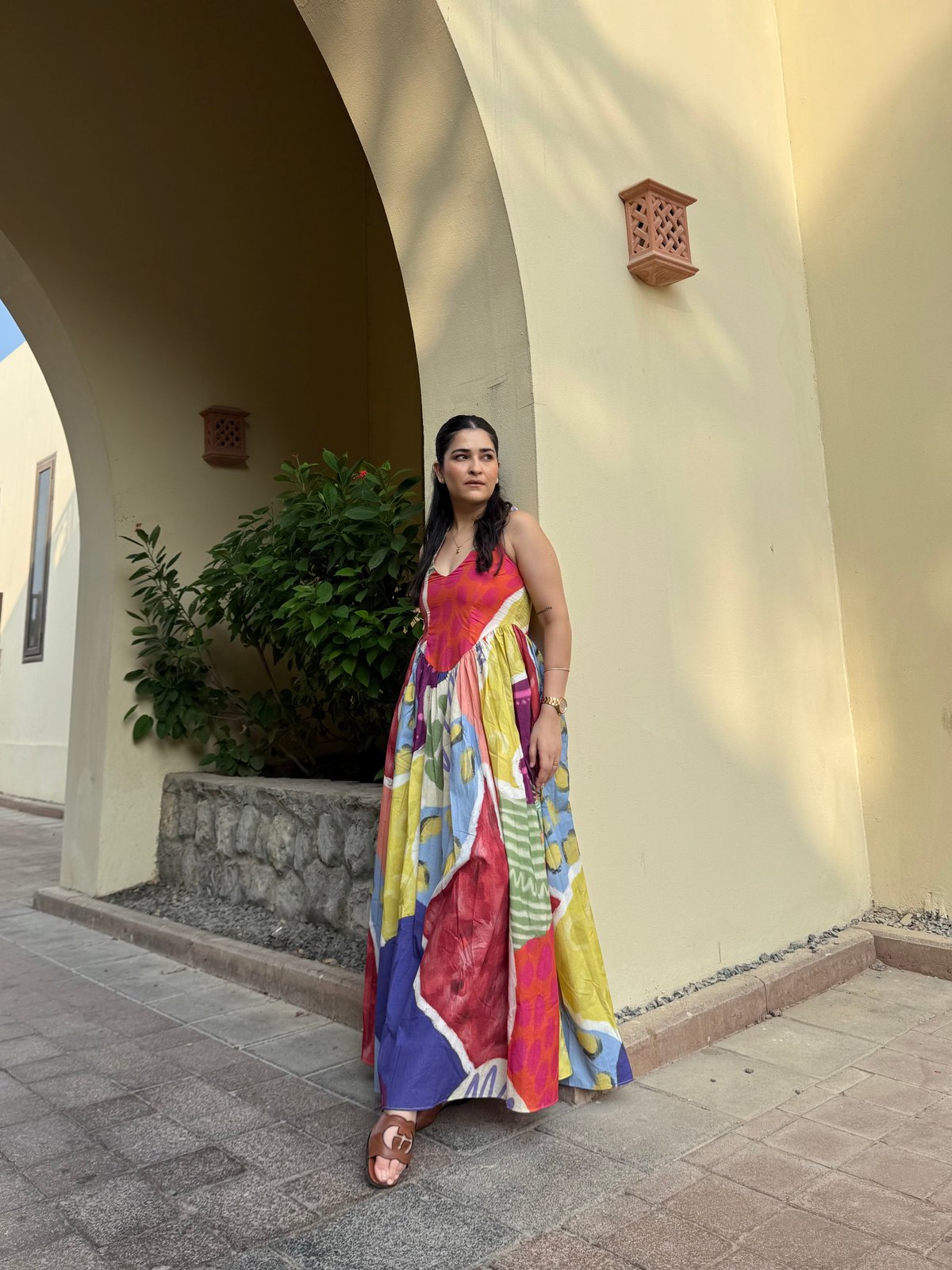 Multicolor Printed Halter-Neck Fit and Flare Maxi Dress