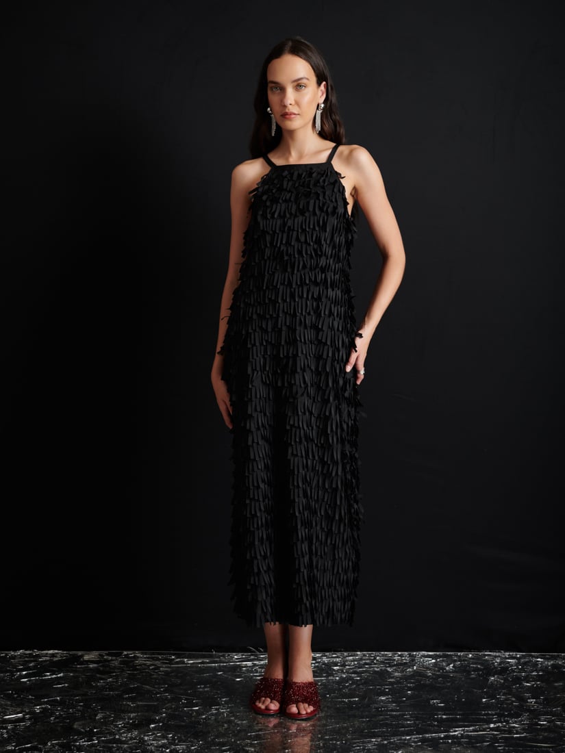 Coal Black Fringed Texture Straight Midi Dress