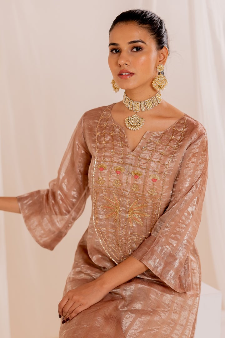 Beige Chanderi Silk A-Line Kurta with Zardozi Yoke