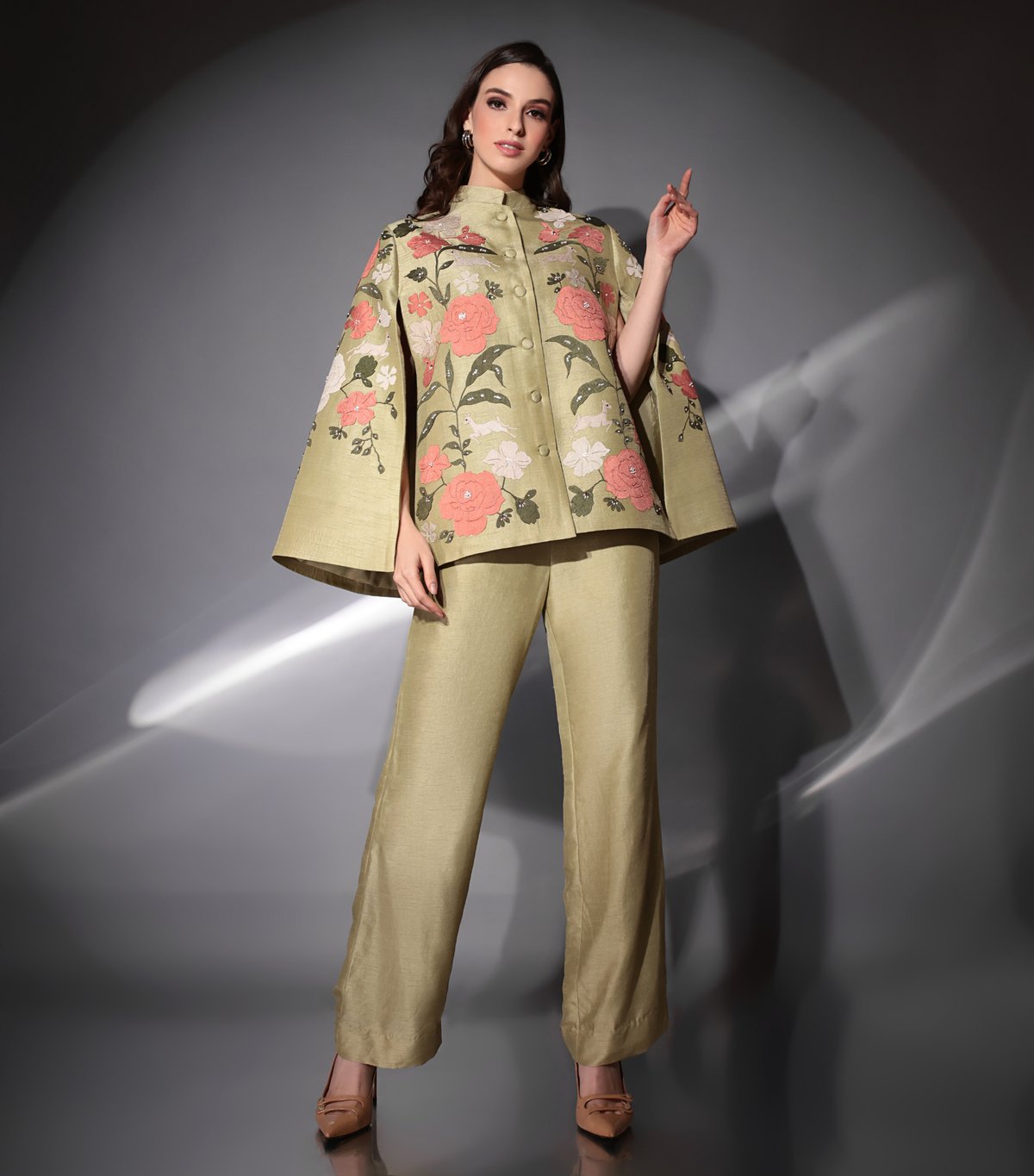 Mint Green Cape and Trouser Co-ord Set with Floral Applique