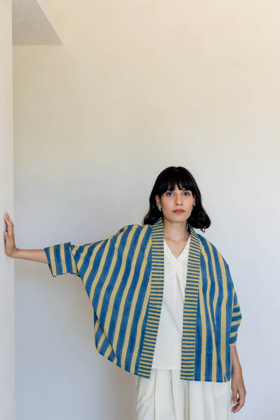 Mustard and Blue Striped Cotton Cape Shrug