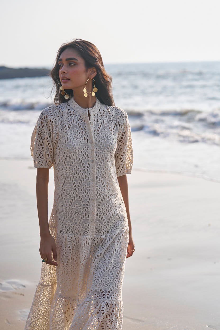 Natural Off-White Cutwork Tiered Maxi Dress